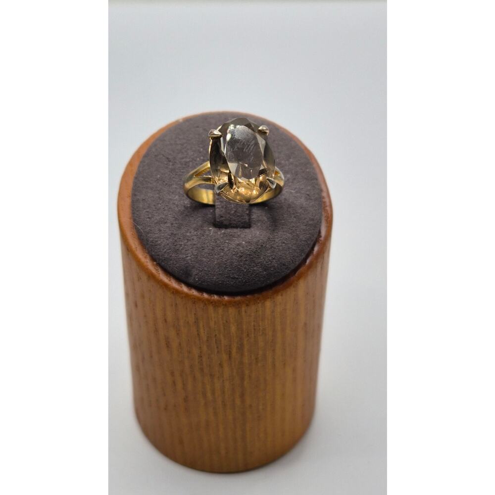 Vintage Smoky Quartz Glass Ring Oval Cut Gold Tone Size 7